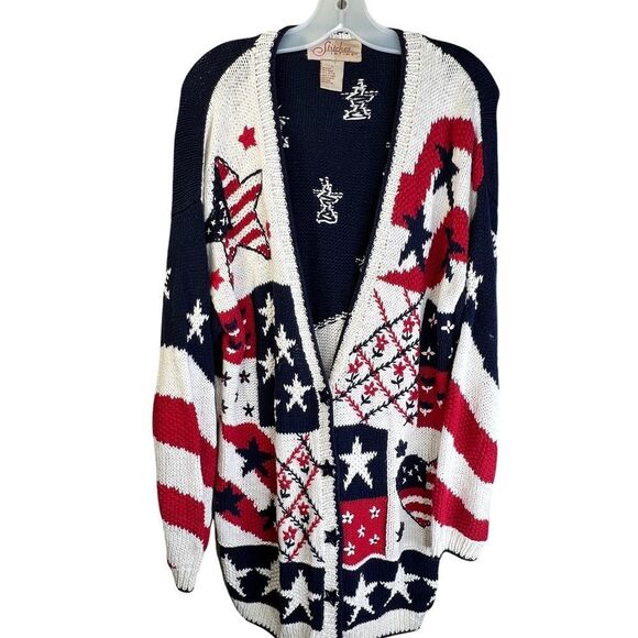 Vintage Stitches in Time Thick American Flag Cardigan Sweater - Picture 1 of 6